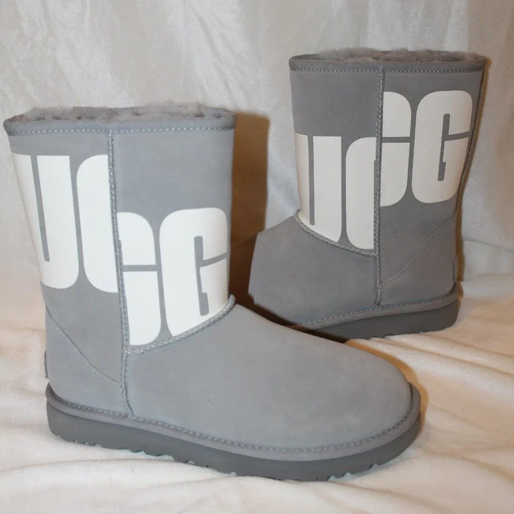 NIB‎ UGG LOGO SUEDE SHEARLING CLASSIC SHORTS BOOTS GRAY 7